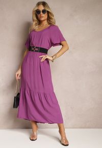 Renee - Fioletowa Rozkloszowana Sukienka Maxi z Bawełny z Trójkątnym Dekoltem Nastal. Kolor: fioletowy. Materiał: bawełna. Typ sukienki: rozkloszowane. Długość: maxi #5