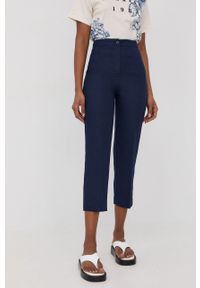 Trussardi Jeans - Trussardi spodnie lniane damskie kolor granatowy fason cygaretki high waist. Stan: podwyższony. Kolor: niebieski. Materiał: len