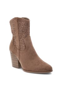 Brązowe Botki S.Barski Stylowe Obuwie Damskie. Okazja: na co dzień. Zapięcie: zamek. Kolor: brązowy. Szerokość cholewki: normalna. Wzór: ażurowy, aplikacja, kwiaty. Materiał: materiał. Obcas: na obcasie. Styl: elegancki. Wysokość obcasa: średni #1