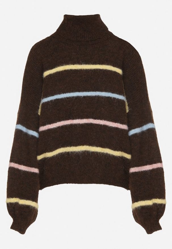 Born2be - Brązowy Golf z Wełną Ozdobiony Paskami Reisorria. Okazja: na spacer, na co dzień. Typ kołnierza: golf. Kolor: brązowy. Materiał: wełna. Wzór: aplikacja. Styl: casual