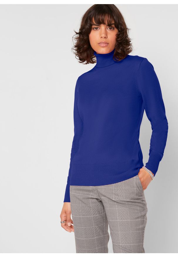 bonprix - Sweter basic z golfem. Typ kołnierza: golf. Kolor: niebieski. Materiał: dzianina. Wzór: ze splotem, gładki