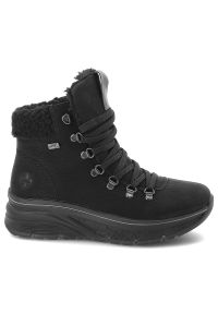 Czarne Botki Rieker Ocieplane Buty Damskie. Okazja: na co dzień. Wysokość cholewki: przed kolano. Zapięcie: sznurówki. Kolor: czarny. Materiał: materiał. Szerokość cholewki: normalna. Sezon: zima. Styl: casual, klasyczny, sportowy #4
