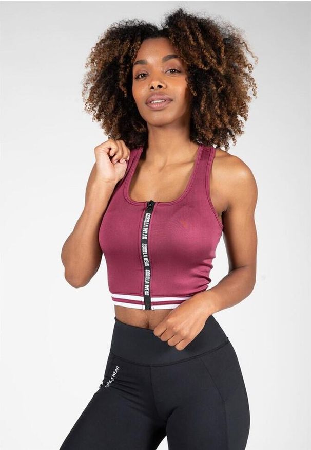 GORILLA WEAR - Mesa Zip Front - burgundowy crop top damski. Kolor: czerwony, wielokolorowy, brązowy. Sport: fitness