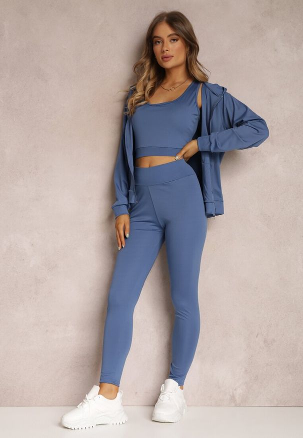 Renee - Niebieski 3-częściowy Komplet Dresowy z Legginsami Bluzą i Topem Heri. Kolekcja: plus size. Kolor: niebieski. Materiał: dresówka. Sport: fitness