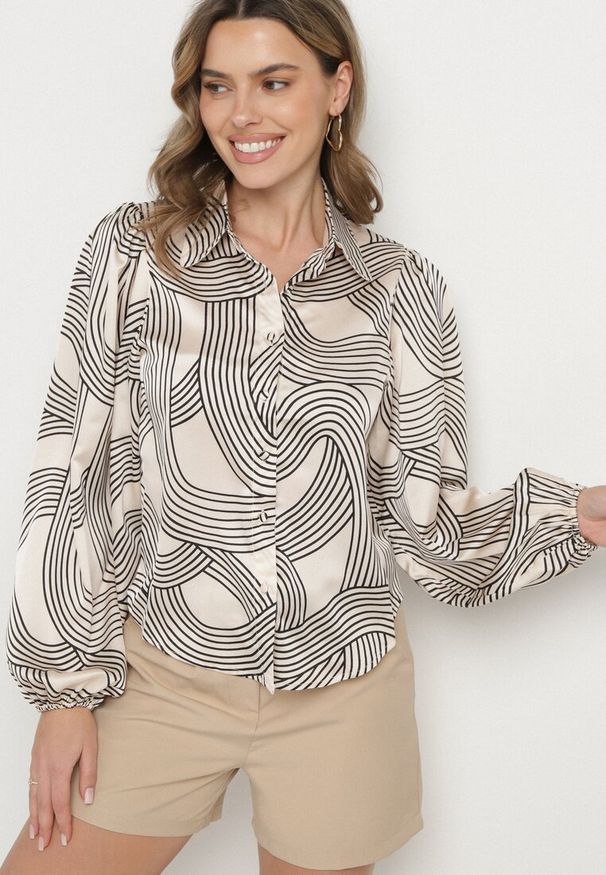 Born2be - Beżowa Koszula z Bufiastym Rękawem Gilla. Typ kołnierza: kolnierz wykładany. Kolor: beżowy. Materiał: skóra. Wzór: nadruk, aplikacja, geometria. Styl: elegancki