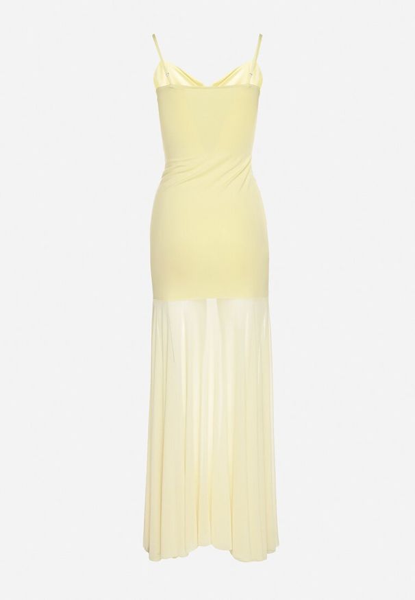 Born2be - Żółta Sukienka na Ramiączkach z Wiskozą Zdobiona Aplikacją i Siateczką Savaleira. Okazja: na co dzień. Typ kołnierza: dekolt w kształcie V. Kolor: żółty. Materiał: wiskoza. Długość rękawa: na ramiączkach. Wzór: aplikacja. Styl: casual, elegancki, klasyczny