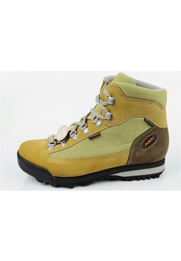 Buty trekkingowe damskie Aku Ultra Light Gtx. Wysokość cholewki: za kostkę. Zapięcie: sznurówki. Kolor: żółty, wielokolorowy, brązowy. Materiał: materiał, skóra. Szerokość cholewki: normalna