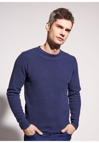 Ochnik - Granatowy sweter męski basic. Okazja: na co dzień. Kolor: niebieski. Materiał: bawełna. Długość: długie. Wzór: ze splotem. Styl: casual