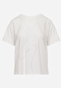 Born2be - Biały Bawełniany T-shirt Ozdobiony Cyrkoniami Monomene. Okazja: na co dzień. Kolor: biały. Materiał: bawełna. Wzór: aplikacja. Styl: elegancki, casual #6