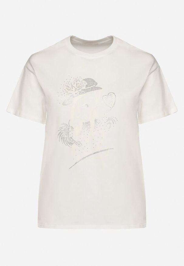 Born2be - Biały T-shirt z Bawełny z Cyrkoniowym Nadrukiem Sovtebia. Okazja: na co dzień. Kolor: biały. Materiał: bawełna. Wzór: nadruk. Sezon: lato. Styl: klasyczny, casual