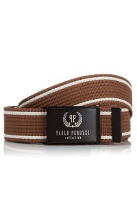 Pasek parciany PAOLO PERUZZI PW-08-115 CM brązowy z białymi przeszyciami. Kolor: brązowy, biały, wielokolorowy. Materiał: materiał. Wzór: paski #1