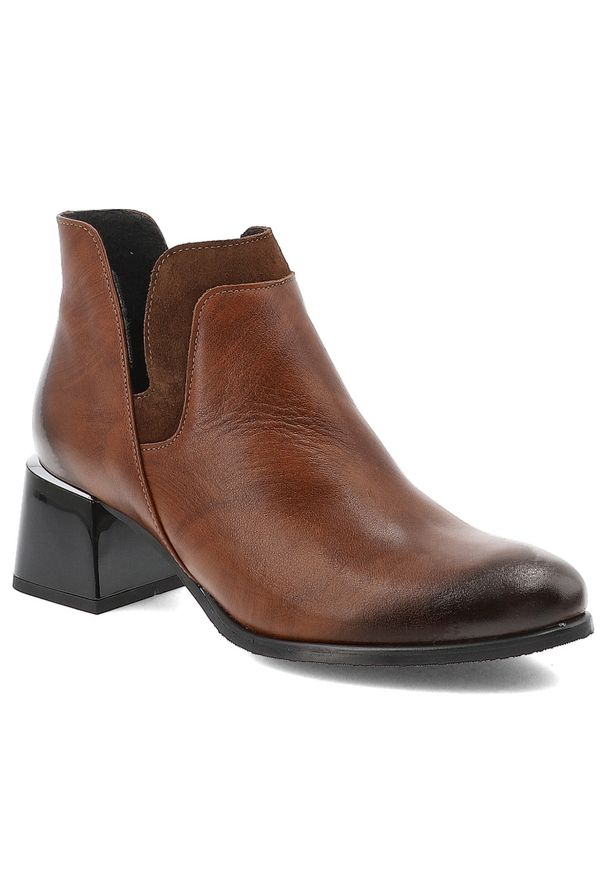 Brązowe Botki Armodo Modne Obuwie Damskie. Okazja: na co dzień. Kolor: brązowy. Materiał: jeans, lakier, materiał, skóra. Obcas: na obcasie. Styl: casual, elegancki. Wysokość obcasa: średni