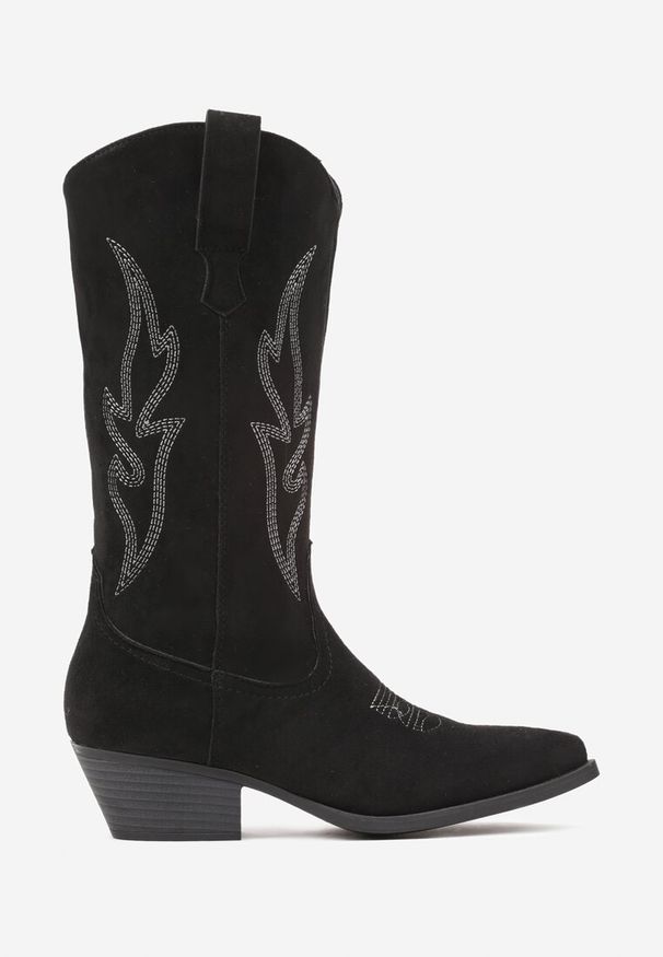 Renee - Czarne Botki na Stożku w Stylu Kowbojek Retalia. Okazja: na co dzień. Kolor: czarny. Materiał: jeans. Sezon: jesień, wiosna. Obcas: na stożku. Styl: elegancki, casual. Wysokość obcasa: średni