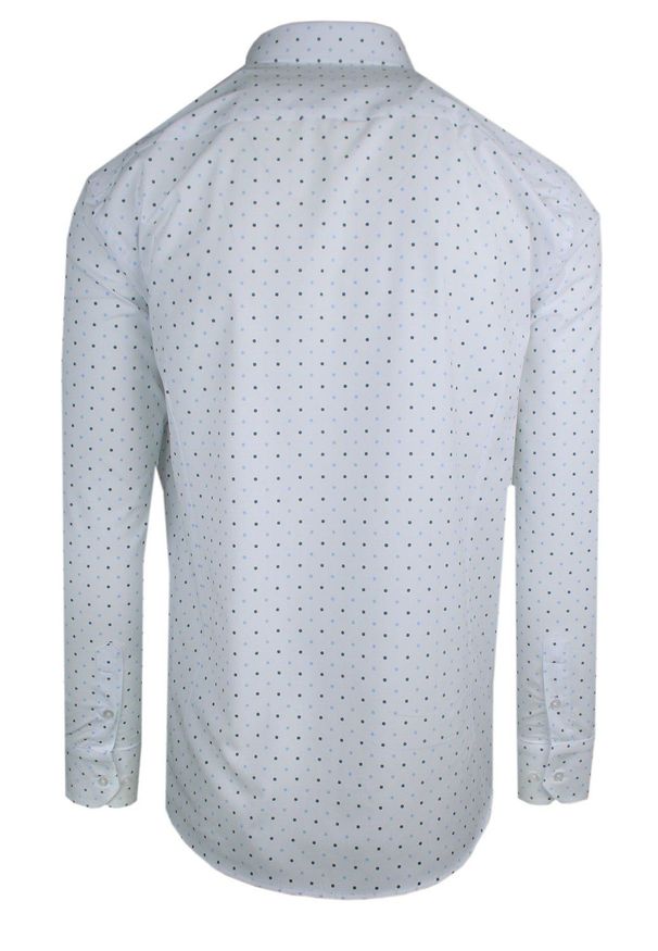 Męska, Taliowana (Slim Fit) Koszula Wizytowa - Rigon - Biała w Niebieskie Groszki. Okazja: na spotkanie biznesowe, do pracy. Kolor: biały, wielokolorowy, niebieski. Materiał: bawełna, elastan. Długość rękawa: długi rękaw. Długość: długie. Wzór: grochy. Styl: wizytowy