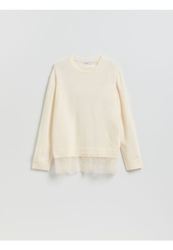 Reserved - Sweter z wełną - kremowy. Kolor: kremowy. Materiał: wełna