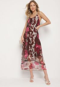 Born2be - Brązowa Siateczkowa Sukienka z Wiskozą w Kwiatowy Wzór Izaleira. Okazja: na co dzień, na imprezę. Kolor: brązowy. Materiał: wiskoza. Wzór: kwiaty. Sezon: lato. Styl: casual, elegancki #1