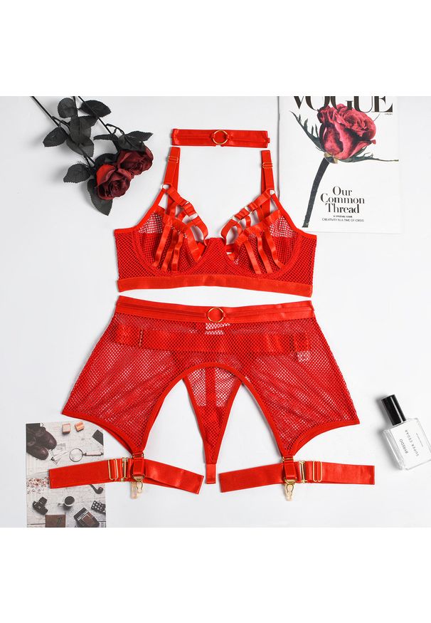 Intica - Komplet bielizny z pasem i podwiązkami elegancki design Palaghia. Kolor: czerwony. Materiał: materiał