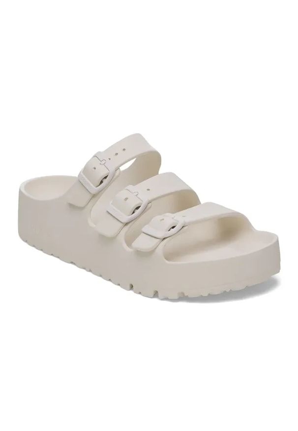 Birkenstock Florida III Flex Platform EVA Eggshell Klapki damskie. Okazja: na spacer, na plażę. Kolor: kremowy. Wzór: paski. Sezon: lato. Obcas: na platformie. Styl: klasyczny, wakacyjny, elegancki