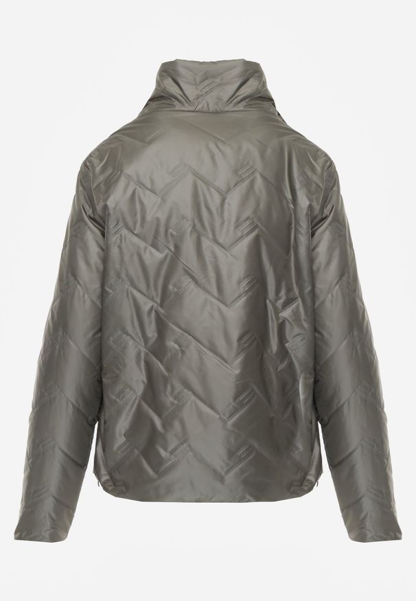 Born2be - Zielona Dwustronna Kurtka Pikowana Ozdobiona Naszywką i Panterką Nemopis. Okazja: na co dzień. Kolor: zielony. Materiał: jeans. Wzór: motyw zwierzęcy, aplikacja. Styl: casual