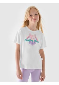 4f - 4F T-shirt regular z nadrukiem dziewczęcy - biały 140 (9-10 lat). Okazja: na co dzień. Kolor: biały. Materiał: dzianina, bawełna, jersey. Długość rękawa: krótki rękaw. Długość: krótkie. Wzór: nadruk. Sezon: lato. Styl: klasyczny, sportowy, casual