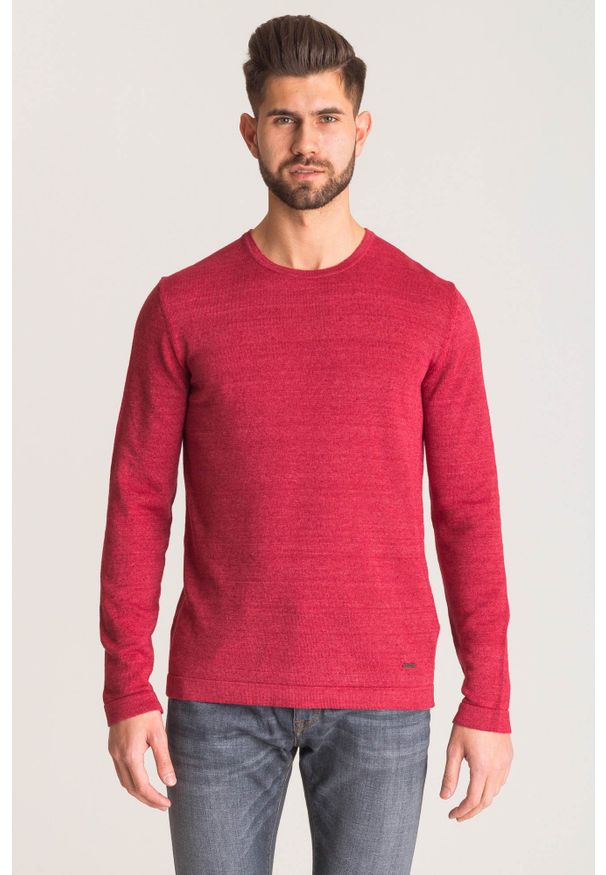 Joop! Collection - Bordowy sweter Joop Collection Lajos. Kolor: czerwony. Materiał: bawełna, len. Wzór: aplikacja
