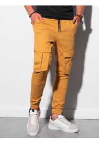 Ombre Clothing - Spodnie męskie joggery P886 - musztardowe - XL. Kolor: żółty. Materiał: bawełna, elastan. Styl: klasyczny #3