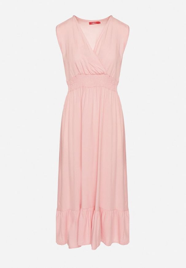 Born2be - Różowa Wiskozowa Sukienka o Kopertowym Kroju z Falbanką Uliria. Kolor: różowy. Materiał: wiskoza. Typ sukienki: kopertowe. Styl: elegancki