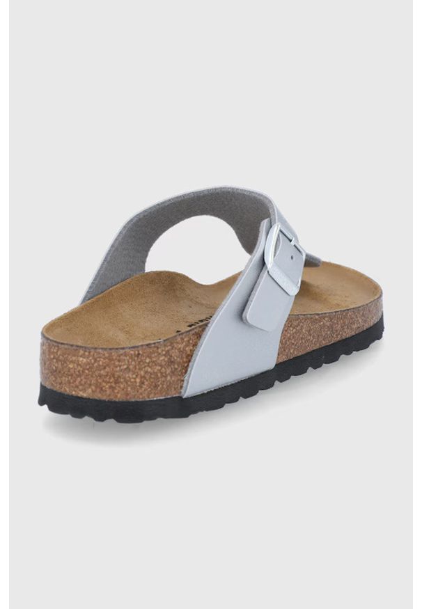 Birkenstock Gizeh BF Japonki damskie. Okazja: na co dzień. Kolor: srebrny. Materiał: skóra, materiał. Sezon: lato. Styl: casual, elegancki, klasyczny