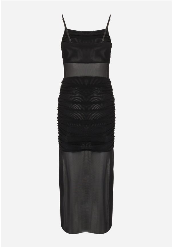 Born2be - Czarna Siateczkowa Sukienka Koktajlowa z Marszczenia i Przezroczystymi Wstawkami Zelllisa. Kolor: czarny. Materiał: wiskoza, materiał, lakier. Długość rękawa: na ramiączkach. Styl: wizytowy