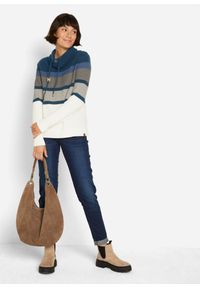 bonprix - Sweter z wysokim kołnierzem. Kolor: niebieski. Materiał: skóra, bawełna