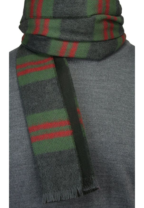 V. Fraas - Szalik Miękki, Zielono-Szary w Czerwone Paski, Firmy V.Fraas -Cashmink- Elegancki, Męski. Kolor: czerwony. Materiał: poliakryl, wełna, tkanina, materiał, syntetyk. Wzór: paski, prążki. Sezon: lato. Styl: elegancki