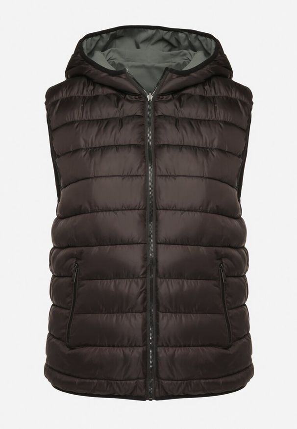 Born2be - Zielona Dwustronna Kamizelka z Kapturem Zdobiona Pikowanymi Przeszyciami Tuliona. Okazja: na spacer. Typ kołnierza: kaptur. Kolekcja: plus size. Kolor: zielony. Materiał: jeans. Wzór: aplikacja. Styl: elegancki