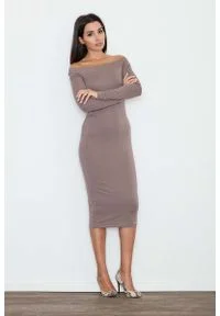 Figl - Brązowa Ołówkowa Sukienka za Kolano z Szerokim Dekoltem. Kolor: brązowy. Typ sukienki: ołówkowe