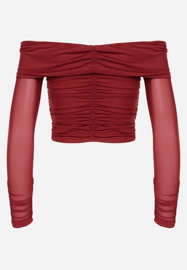 Born2be - Bordowa Siateczkowa Bluzka VICES z Odkrytymi Ramionami Ozdobiona Marszczeniem Tuvita. Okazja: na co dzień. Kolor: czerwony. Materiał: jeans. Wzór: aplikacja. Styl: casual