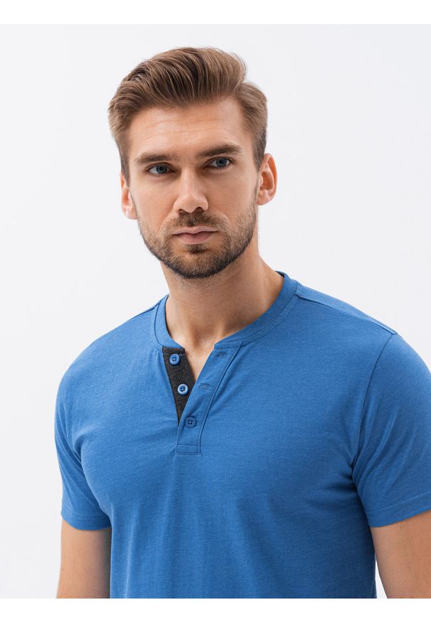 Ombre Clothing - T-shirt męski bez nadruku S1390 - niebieski - XXL. Typ kołnierza: polo. Kolor: niebieski. Materiał: bawełna, jeans, poliester