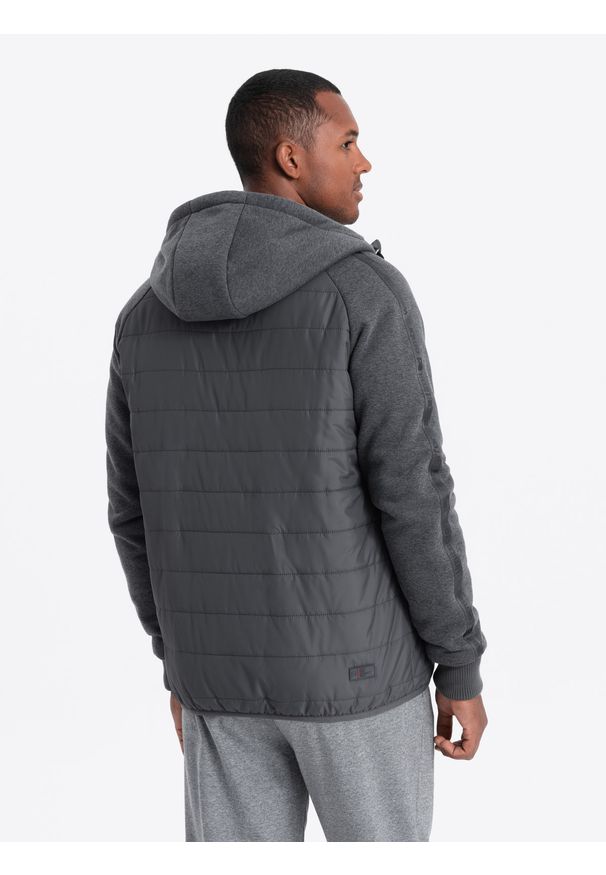 Ombre Clothing - Pikowana kurtka męska z dzianinowymi rękawami i kapturem – ciemnoszara V3 C601 - XL. Typ kołnierza: kołnierzyk stójkowy. Kolor: szary. Materiał: dzianina. Wzór: gładki. Styl: sportowy, elegancki