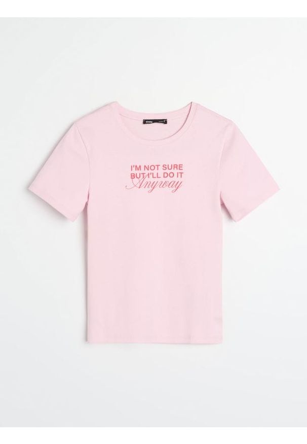 Sinsay - Koszulka z napisem "I'm not sure but II'll do it anyway" - różowy. Kolor: różowy. Wzór: napisy