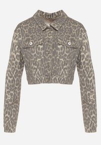 Born2be - Beżowa Bawełniana Kurtka Jeansowa w Panterkę o Krótkim Kroju Carithra. Okazja: na co dzień. Kolor: beżowy. Materiał: bawełna, jeans. Długość: krótkie. Wzór: motyw zwierzęcy. Styl: casual #6