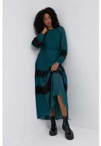 TwinSet - Twinset - Sukienka. Kolor: zielony. Materiał: tkanina, koronka. Długość rękawa: długi rękaw. Typ sukienki: plisowane, rozkloszowane