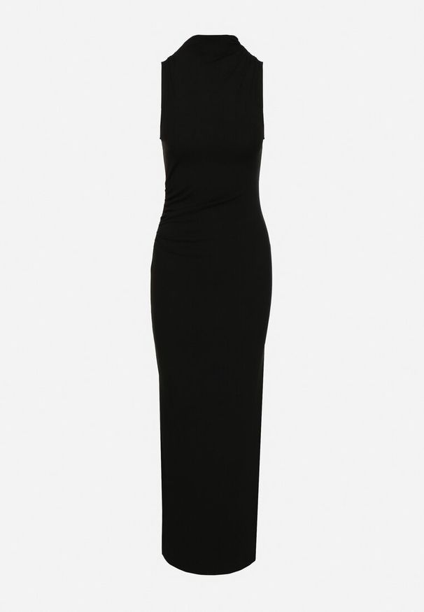 Born2be - Czarna Dopasowana Sukienka z Wełną Zdobiona Marszczeniem i Rozcięciem Lisarea. Okazja: na co dzień. Kolor: czarny. Materiał: wełna. Wzór: aplikacja. Typ sukienki: dopasowane. Styl: casual