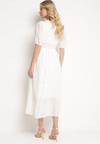 Born2be - Biała Bawełniana Sukienka z Haftowanej Tkaniny z Gumkami w Pasie Folvira. Okazja: na co dzień. Kolor: biały. Materiał: tkanina, bawełna. Długość rękawa: krótki rękaw. Wzór: haft. Typ sukienki: proste. Styl: casual, klasyczny. Długość: midi #7