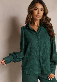 Renee - Ciemnozielona Koszula z Bufiastymi Rękawami i Tkaniny Plumeti Nuberta. Kolor: zielony. Materiał: tkanina #4