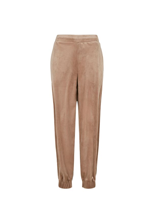 Urban Classics - Damskie spodnie dresowe z wysokim stanem wykonane z weluru, o kroju z bufiastymi. Stan: podwyższony. Kolor: beżowy. Materiał: welur, dresówka. Długość: długie