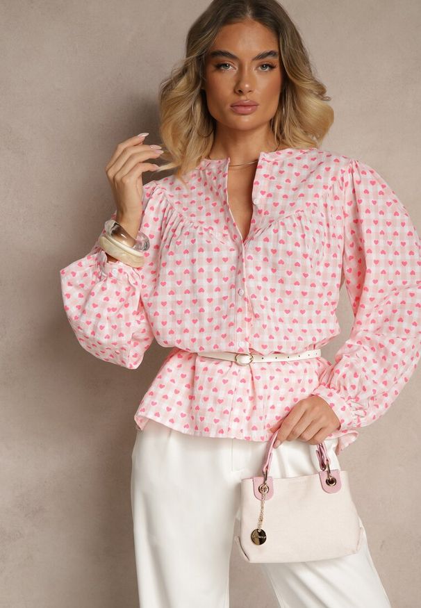 Renee - Różowa Bawełniana Koszula w Kratkę Vichy i Serduszka Halorwena. Okazja: na co dzień. Kolor: różowy. Materiał: bawełna. Wzór: kratka. Styl: elegancki, casual
