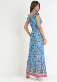 Born2be - Ciemnoniebieska Sukienka Maxi z Gumką w Pasie i Głębokim Dekoltem we Wzór Paisley Emmatta. Kolor: niebieski. Wzór: paisley. Sezon: wiosna, lato. Długość: maxi #5