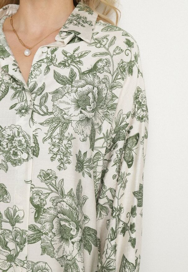 Born2be - Zielona Wiskozowa Sukienka Koszulowa w Kwiaty Varvesa. Okazja: na co dzień. Typ kołnierza: kołnierzyk klasyczny. Kolor: zielony. Materiał: wiskoza. Długość rękawa: długi rękaw. Wzór: kwiaty. Typ sukienki: koszulowe. Styl: klasyczny, casual, elegancki