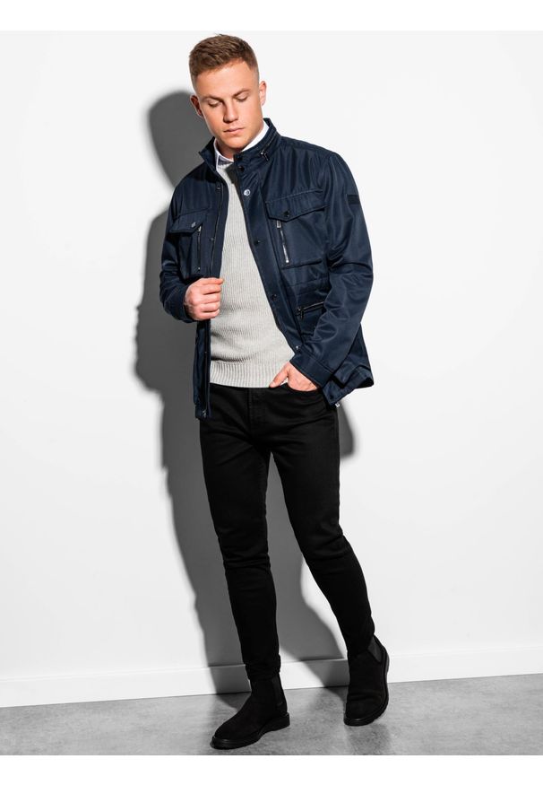 Ombre Clothing - Kurtka męska przejściowa C444 - ciemnogranatowa - L. Typ kołnierza: kołnierzyk stójkowy. Kolor: niebieski. Materiał: poliester. Sezon: wiosna