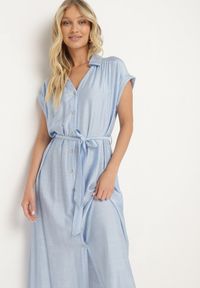 Born2be - Niebieska Koszulowa Sukienka na Guziki z Materiałowym Paskiem w Talii Qisofia. Okazja: na imprezę, na co dzień. Typ kołnierza: dekolt w kształcie V. Kolor: niebieski. Materiał: materiał. Typ sukienki: koszulowe. Styl: klasyczny, casual, elegancki #3