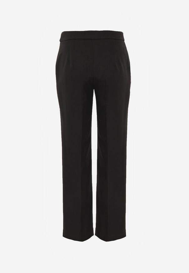 Renee - Czarne Spodnie Garniturowe na Kant VICES Zdobione Zapięciem z Klamrą Azisore. Okazja: na imprezę. Kolor: czarny. Materiał: skóra, jedwab. Wzór: aplikacja