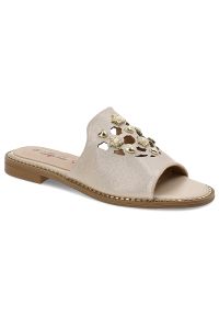 Złote Klapki S.Barski Eleganckie Buty Damskie. Okazja: na spacer, na plażę. Kolor: złoty. Materiał: skóra ekologiczna. Sezon: lato. Styl: elegancki